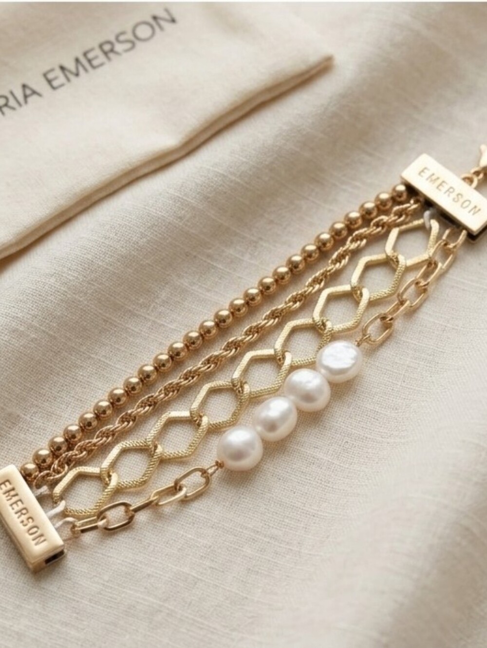 Victoria Emerson Gold Pearl Layered Bracelet Used Excellent Condition with Bag